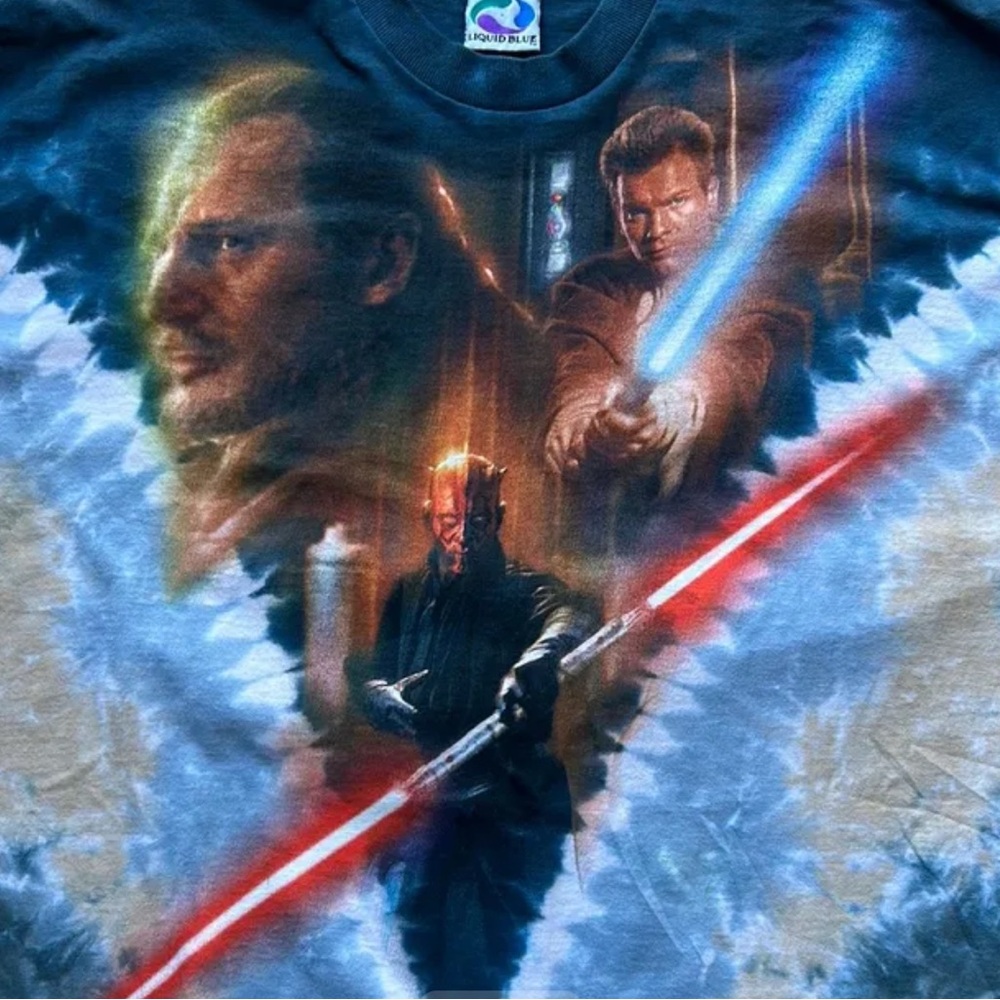 Vintage 90s Star Wars Liquid Blue AOP Tie Dye Darth Maul Ep 1 Tee